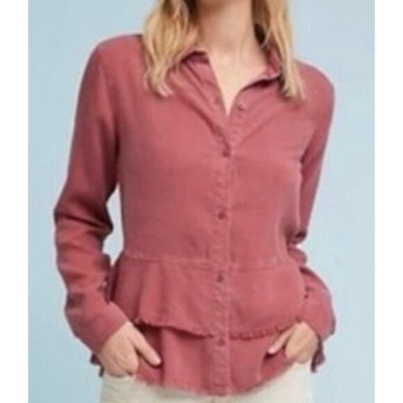 Anthropologie Cloth & Stone Womens Rose Button-Up Peplum Shirt W/Frayed Hem XS - Picture 14 of 14